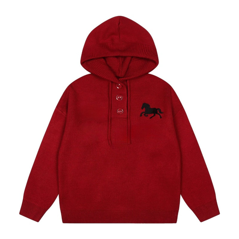 Casual Red Half-Button Hoodie